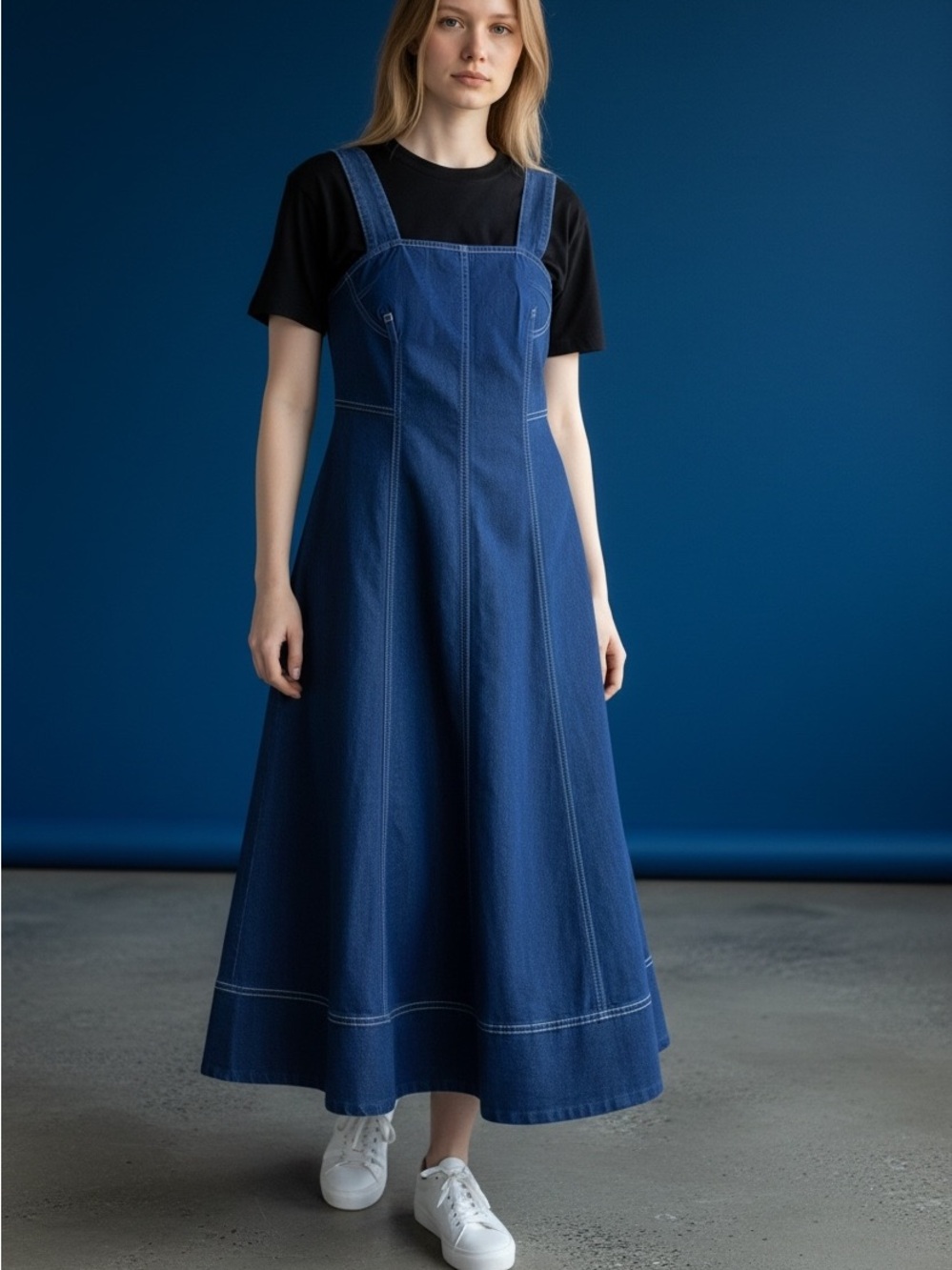 Dark Blue Denim A-Line Sundress with Contrast Stitching - new with tag